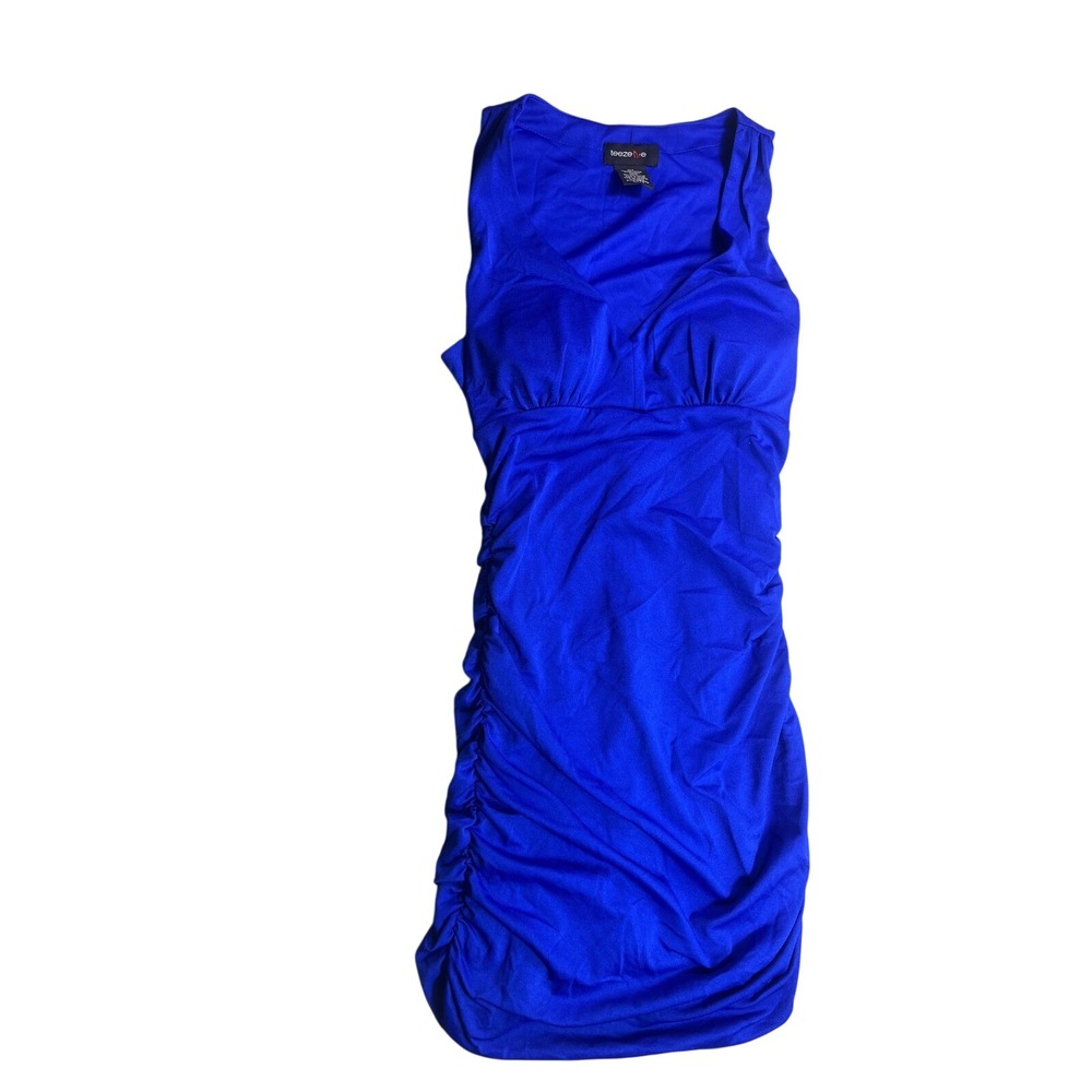 Teeze Me 5/6 Cobalt Blue Ruched Bodycon Sleeveless V Neck Dress